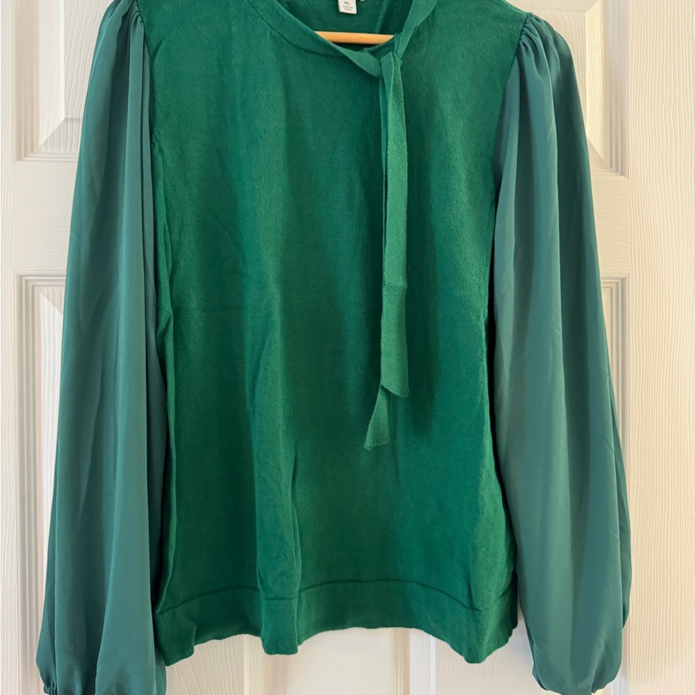 J. Crew Factory Green Bishop Sleeve Sweater with Tie Front